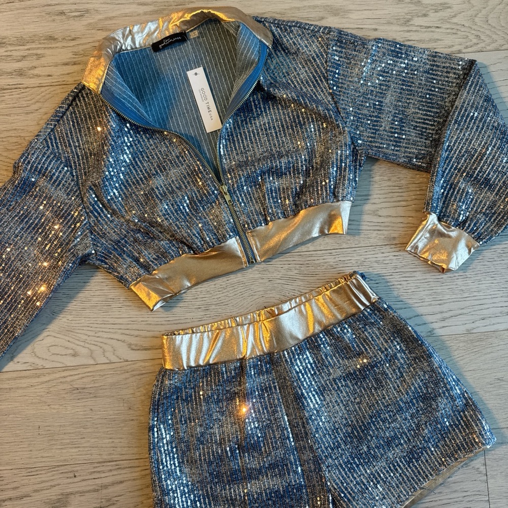 Denim gold sequin jacket and shorts set size medium - Picture 3 of 5